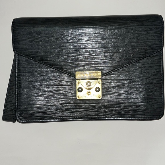 Versace Black Leather Wristlet Clutch Vintage with lock & key - Picture 1 of 17